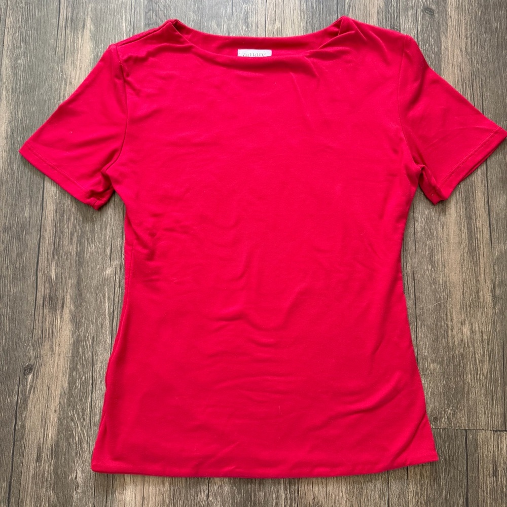 AMARE Faye Short Sleeves Bamboo Top Cherry Red Soft Casual Double Lined StretchM
